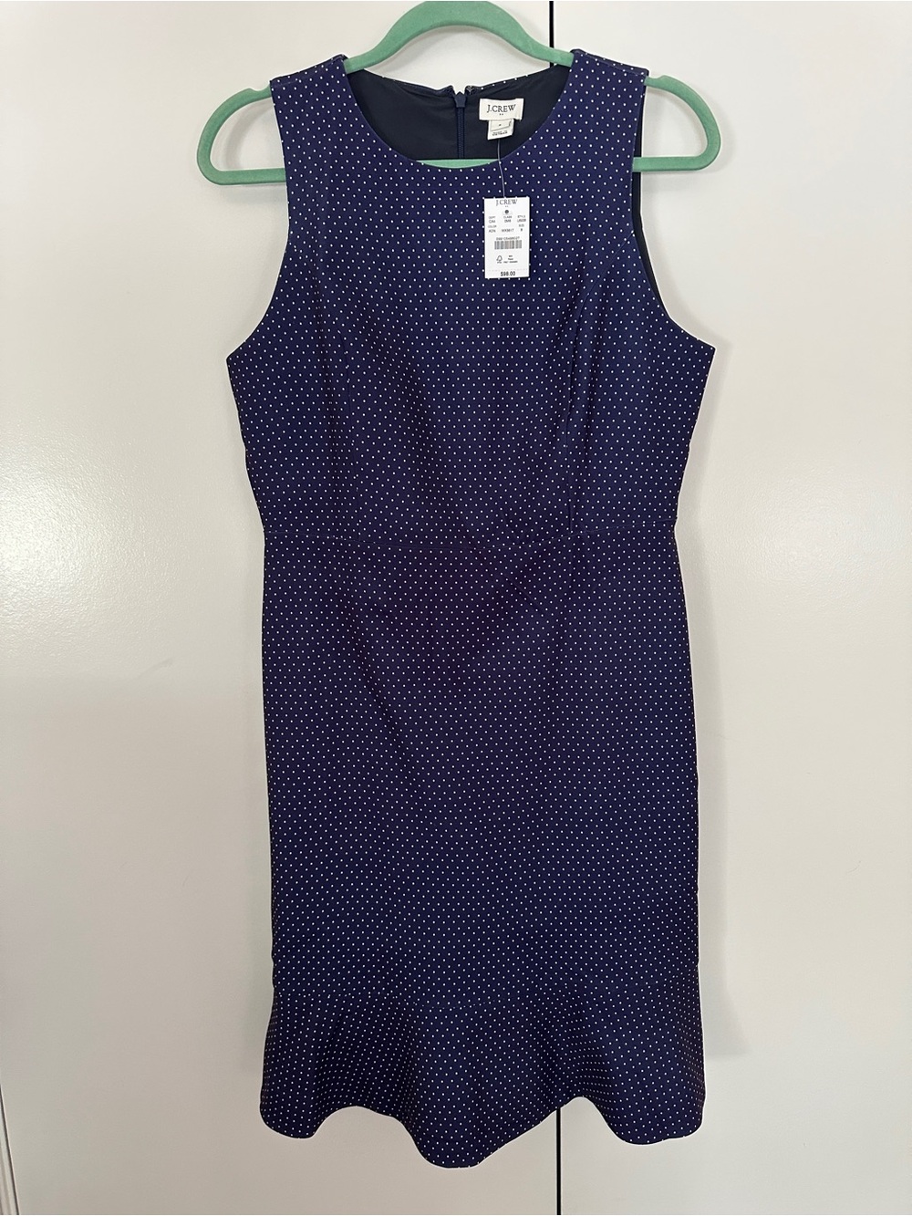 NWT J. Crew Blue and White Polka Dot flounce hem sheath dress, sz. 8